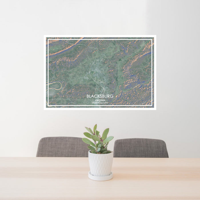 24x36 Blacksburg Virginia Map Print Lanscape Orientation in Afternoon Style Behind 2 Chairs Table and Potted Plant