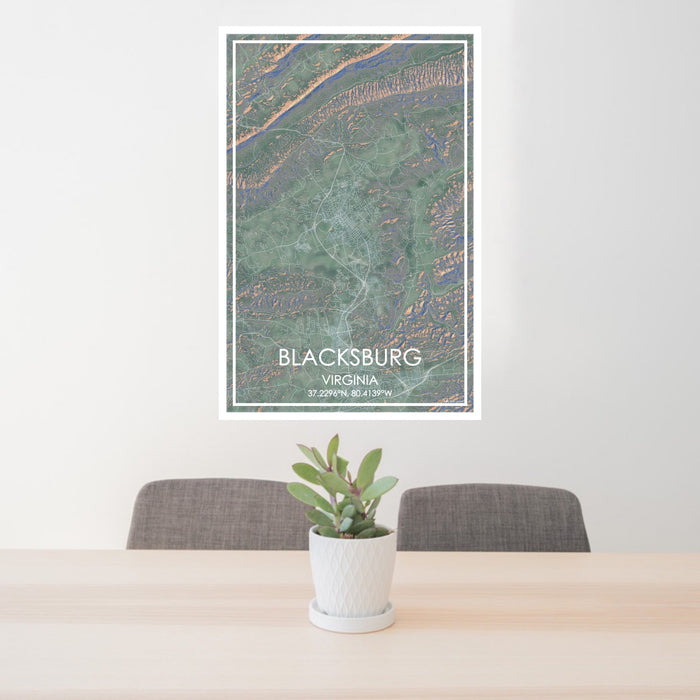 24x36 Blacksburg Virginia Map Print Portrait Orientation in Afternoon Style Behind 2 Chairs Table and Potted Plant