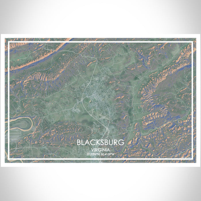 Blacksburg Virginia Map Print Landscape Orientation in Afternoon Style With Shaded Background