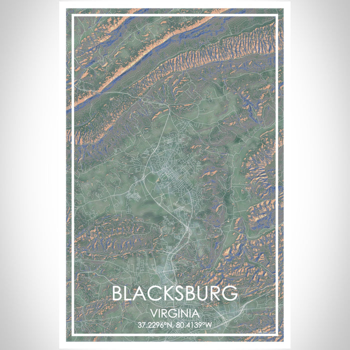 Blacksburg Virginia Map Print Portrait Orientation in Afternoon Style With Shaded Background