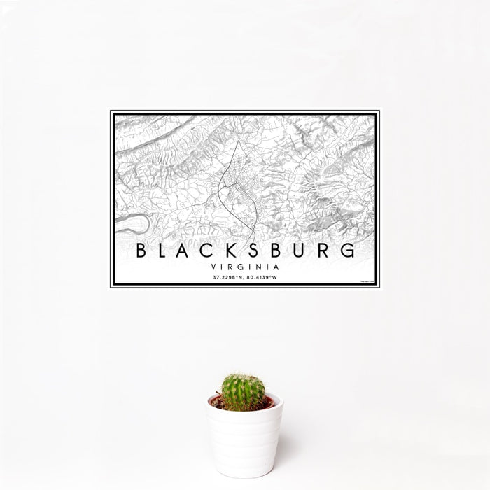12x18 Blacksburg Virginia Map Print Landscape Orientation in Classic Style With Small Cactus Plant in White Planter
