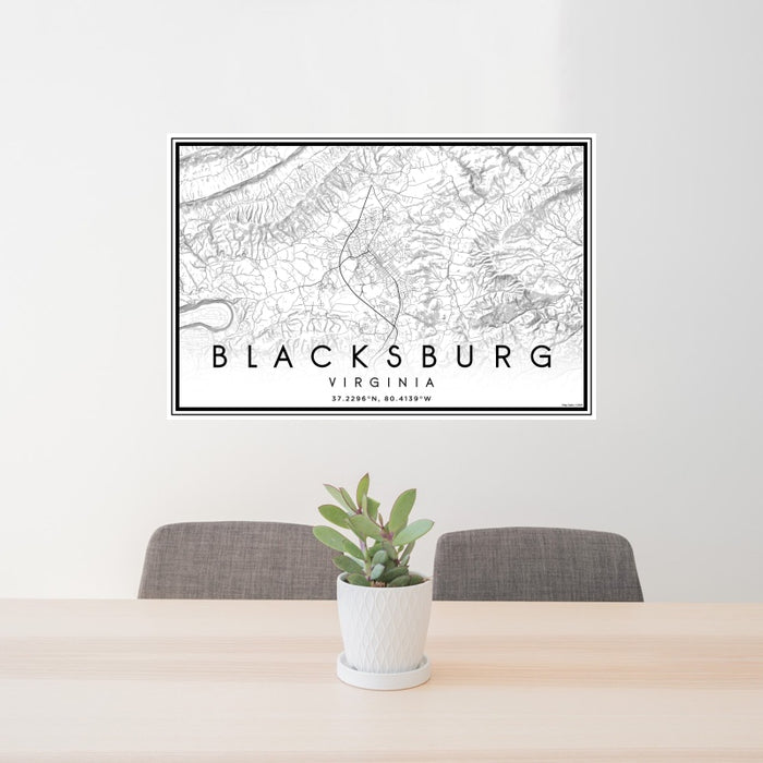 24x36 Blacksburg Virginia Map Print Landscape Orientation in Classic Style Behind 2 Chairs Table and Potted Plant