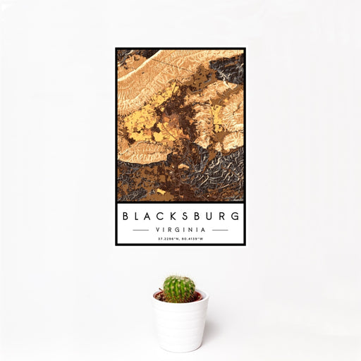 12x18 Blacksburg Virginia Map Print Portrait Orientation in Ember Style With Small Cactus Plant in White Planter