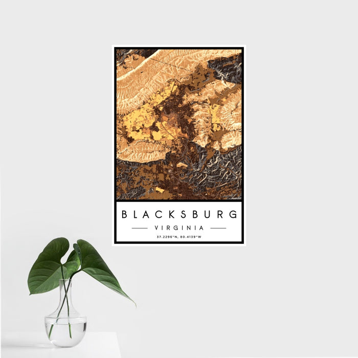 16x24 Blacksburg Virginia Map Print Portrait Orientation in Ember Style With Tropical Plant Leaves in Water