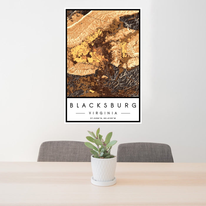 24x36 Blacksburg Virginia Map Print Portrait Orientation in Ember Style Behind 2 Chairs Table and Potted Plant