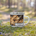 Right View Custom Blacksburg Virginia Map Enamel Mug in Ember on Grass With Trees in Background