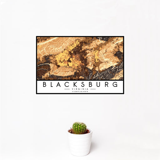12x18 Blacksburg Virginia Map Print Landscape Orientation in Ember Style With Small Cactus Plant in White Planter