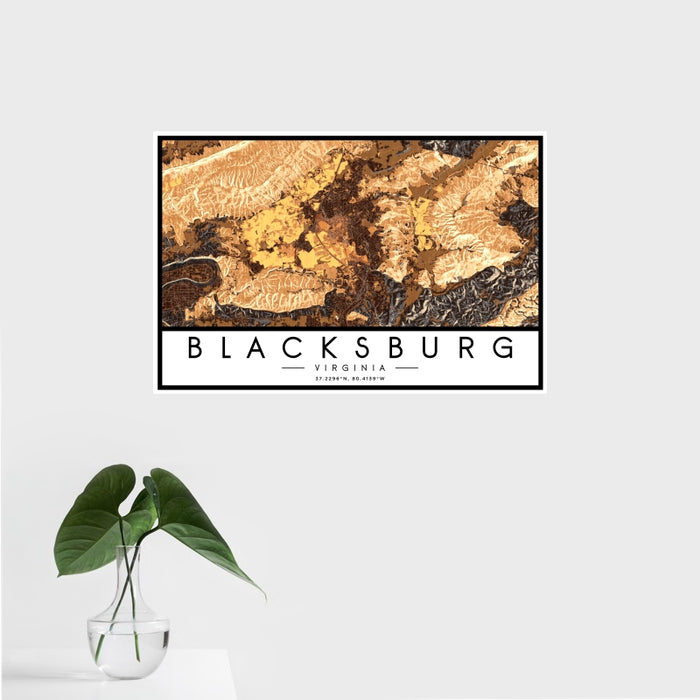 16x24 Blacksburg Virginia Map Print Landscape Orientation in Ember Style With Tropical Plant Leaves in Water