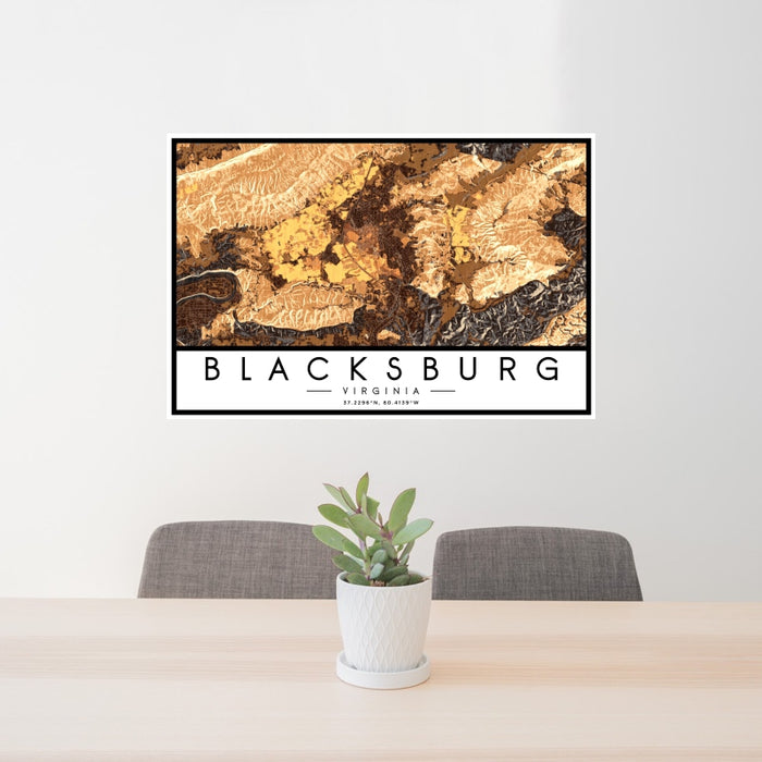 24x36 Blacksburg Virginia Map Print Landscape Orientation in Ember Style Behind 2 Chairs Table and Potted Plant