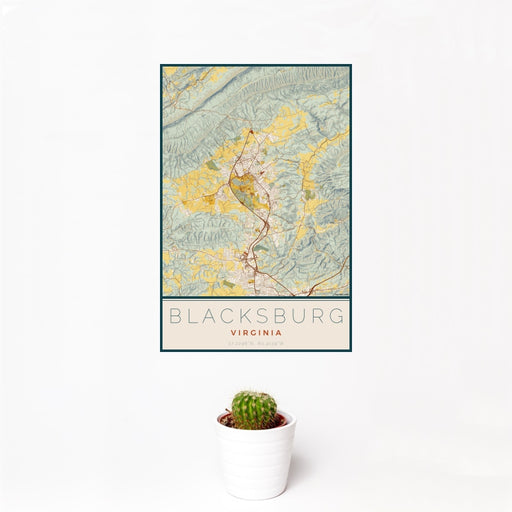 12x18 Blacksburg Virginia Map Print Portrait Orientation in Woodblock Style With Small Cactus Plant in White Planter