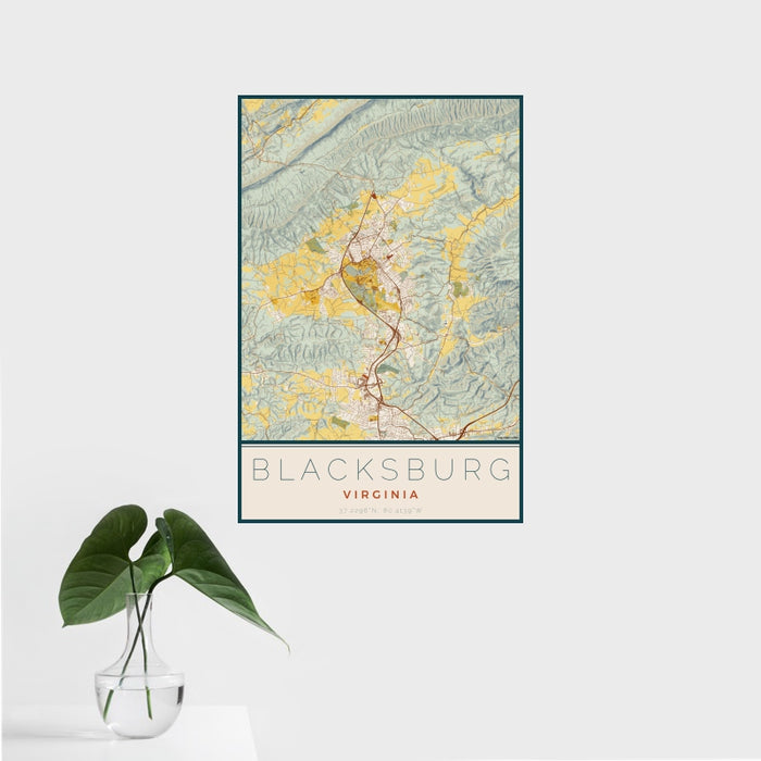 16x24 Blacksburg Virginia Map Print Portrait Orientation in Woodblock Style With Tropical Plant Leaves in Water