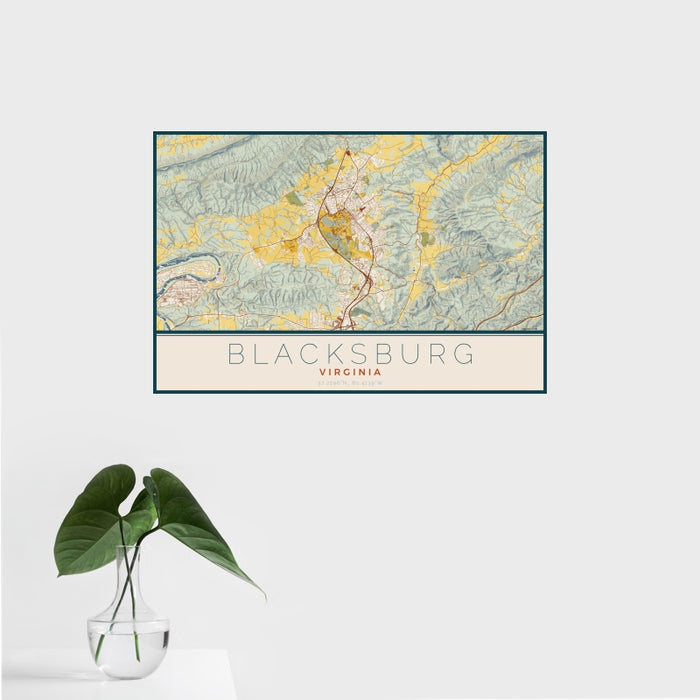 16x24 Blacksburg Virginia Map Print Landscape Orientation in Woodblock Style With Tropical Plant Leaves in Water