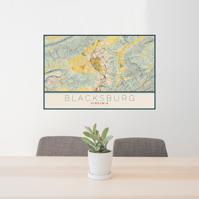 24x36 Blacksburg Virginia Map Print Landscape Orientation in Woodblock Style Behind 2 Chairs Table and Potted Plant