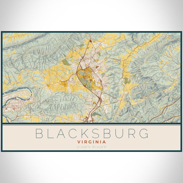 Blacksburg Virginia Map Print Landscape Orientation in Woodblock Style With Shaded Background