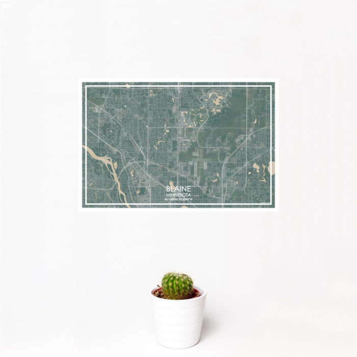 12x18 Blaine Minnesota Map Print Landscape Orientation in Afternoon Style With Small Cactus Plant in White Planter