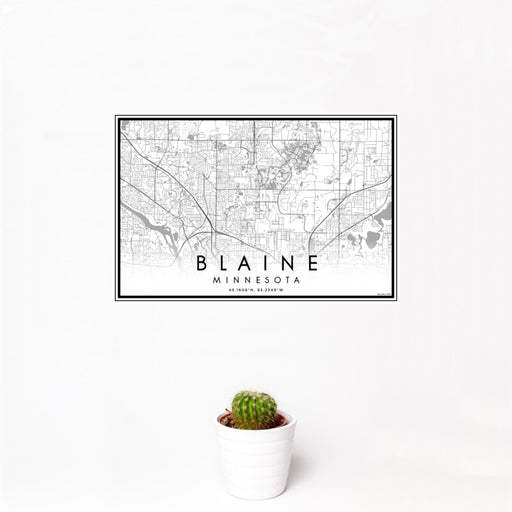 12x18 Blaine Minnesota Map Print Landscape Orientation in Classic Style With Small Cactus Plant in White Planter