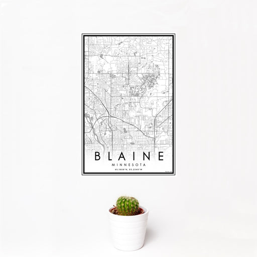 12x18 Blaine Minnesota Map Print Portrait Orientation in Classic Style With Small Cactus Plant in White Planter