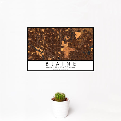 12x18 Blaine Minnesota Map Print Landscape Orientation in Ember Style With Small Cactus Plant in White Planter