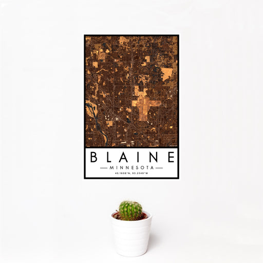12x18 Blaine Minnesota Map Print Portrait Orientation in Ember Style With Small Cactus Plant in White Planter