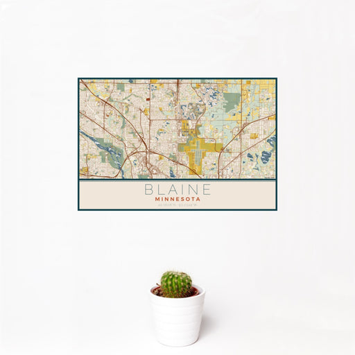 12x18 Blaine Minnesota Map Print Landscape Orientation in Woodblock Style With Small Cactus Plant in White Planter