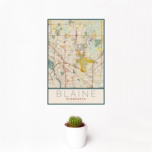 12x18 Blaine Minnesota Map Print Portrait Orientation in Woodblock Style With Small Cactus Plant in White Planter