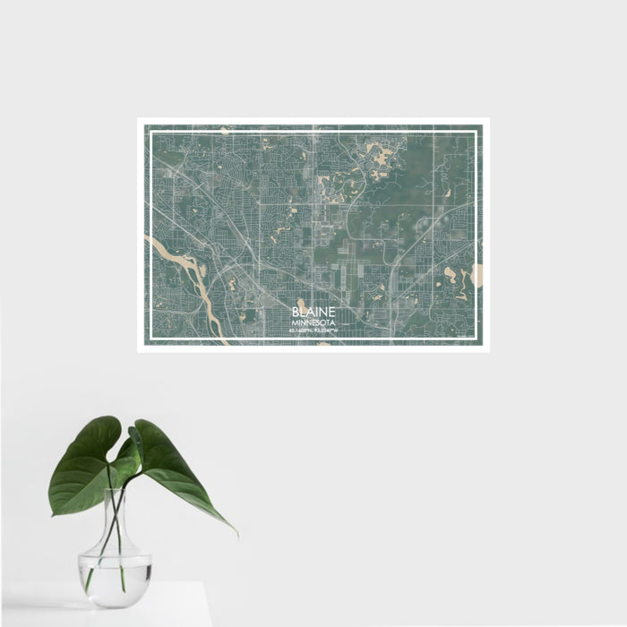 16x24 Blaine Minnesota Map Print Landscape Orientation in Afternoon Style With Tropical Plant Leaves in Water