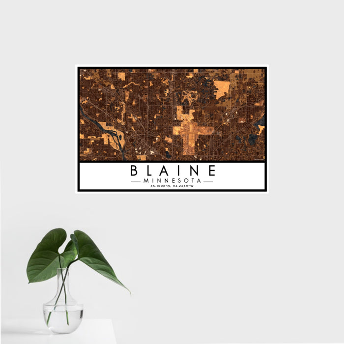 16x24 Blaine Minnesota Map Print Landscape Orientation in Ember Style With Tropical Plant Leaves in Water