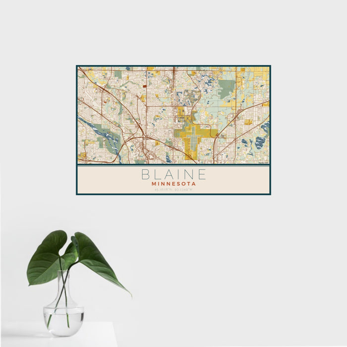 16x24 Blaine Minnesota Map Print Landscape Orientation in Woodblock Style With Tropical Plant Leaves in Water