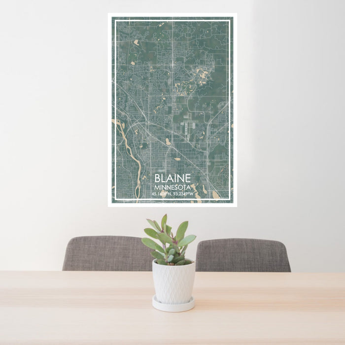 24x36 Blaine Minnesota Map Print Portrait Orientation in Afternoon Style Behind 2 Chairs Table and Potted Plant