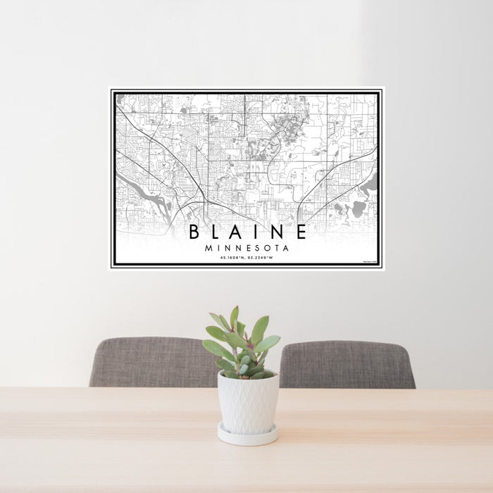 24x36 Blaine Minnesota Map Print Lanscape Orientation in Classic Style Behind 2 Chairs Table and Potted Plant