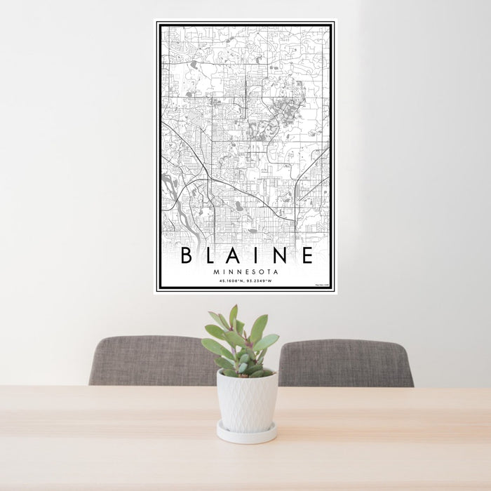 24x36 Blaine Minnesota Map Print Portrait Orientation in Classic Style Behind 2 Chairs Table and Potted Plant