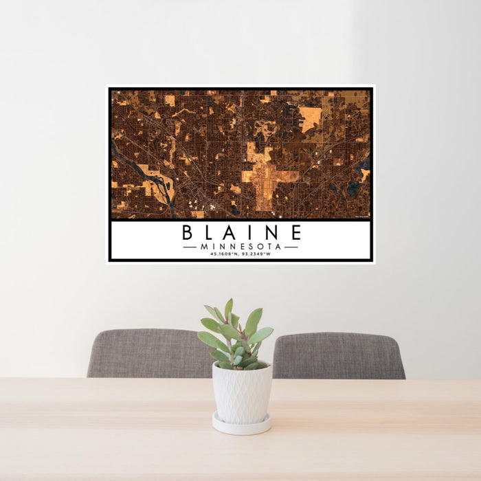 24x36 Blaine Minnesota Map Print Lanscape Orientation in Ember Style Behind 2 Chairs Table and Potted Plant