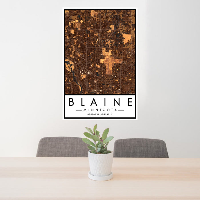 24x36 Blaine Minnesota Map Print Portrait Orientation in Ember Style Behind 2 Chairs Table and Potted Plant