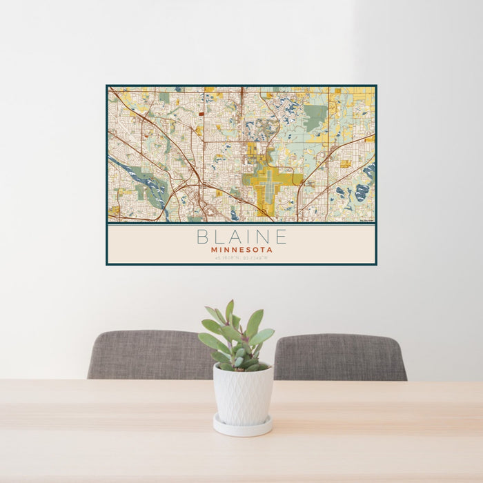 24x36 Blaine Minnesota Map Print Lanscape Orientation in Woodblock Style Behind 2 Chairs Table and Potted Plant