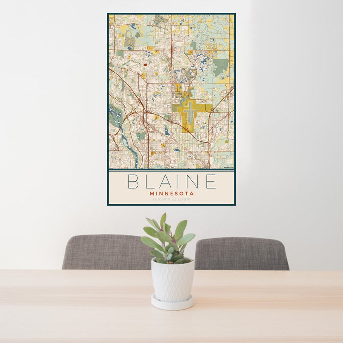 24x36 Blaine Minnesota Map Print Portrait Orientation in Woodblock Style Behind 2 Chairs Table and Potted Plant
