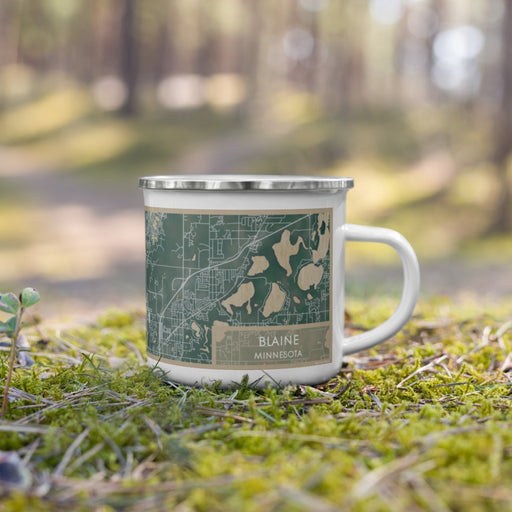 Right View Custom Blaine Minnesota Map Enamel Mug in Afternoon on Grass With Trees in Background