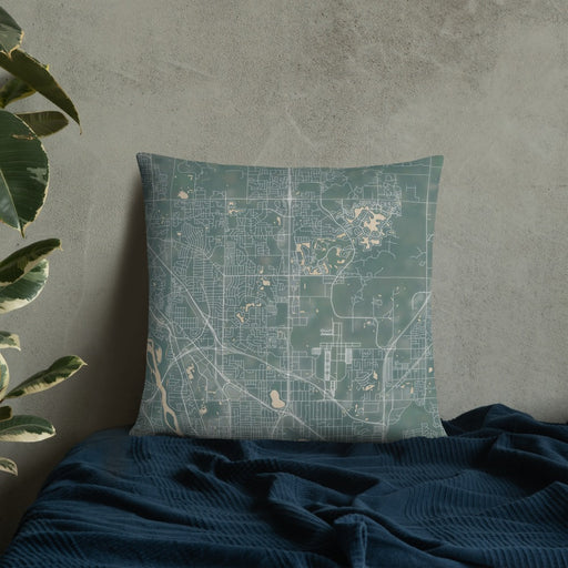 Custom Blaine Minnesota Map Throw Pillow in Afternoon on Bedding Against Wall