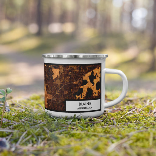 Right View Custom Blaine Minnesota Map Enamel Mug in Ember on Grass With Trees in Background