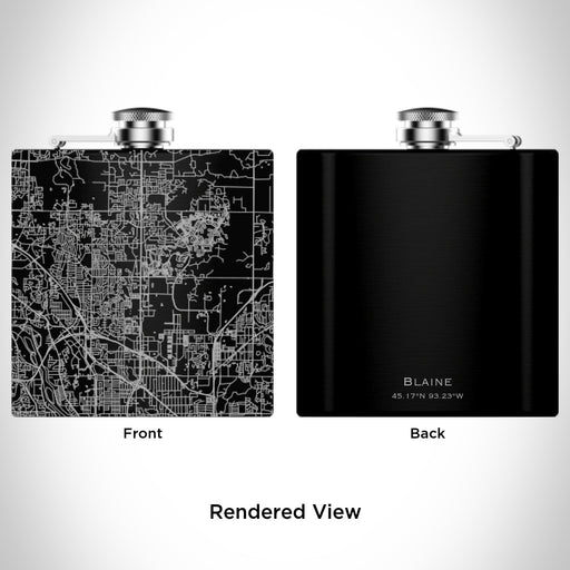 Rendered View of Blaine Minnesota Map Engraving on 6oz Stainless Steel Flask in Black