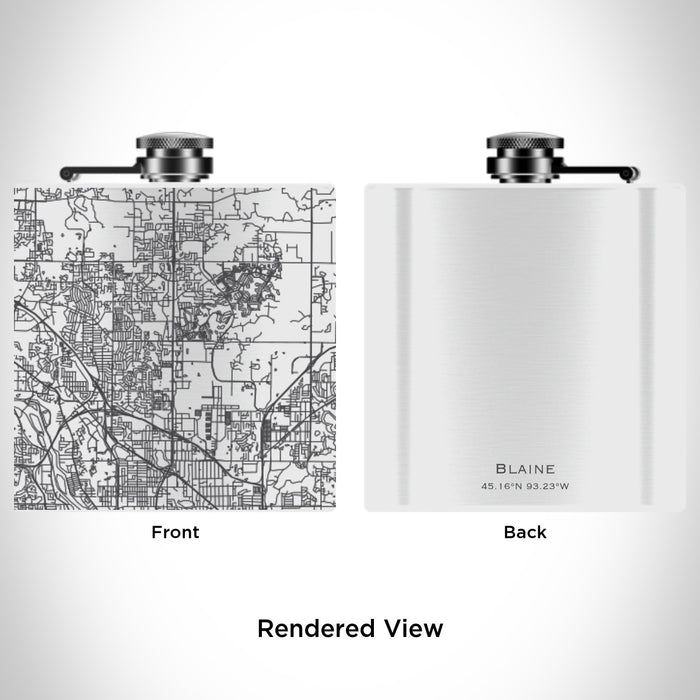 Rendered View of Blaine Minnesota Map Engraving on 6oz Stainless Steel Flask in White