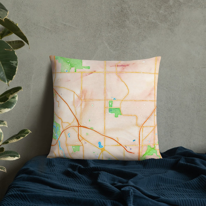 Custom Blaine Minnesota Map Throw Pillow in Watercolor on Bedding Against Wall