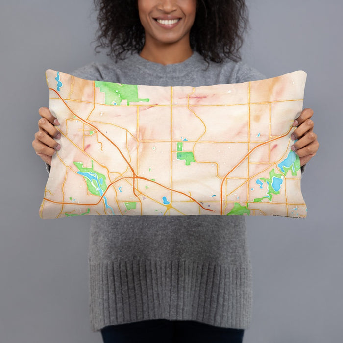 Person holding 20x12 Custom Blaine Minnesota Map Throw Pillow in Watercolor