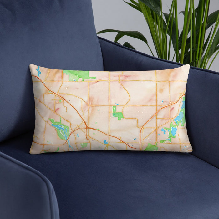 Custom Blaine Minnesota Map Throw Pillow in Watercolor on Blue Colored Chair