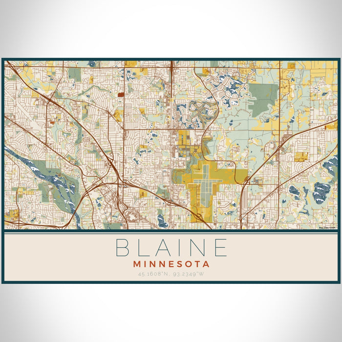 Blaine Minnesota Map Print Landscape Orientation in Woodblock Style With Shaded Background