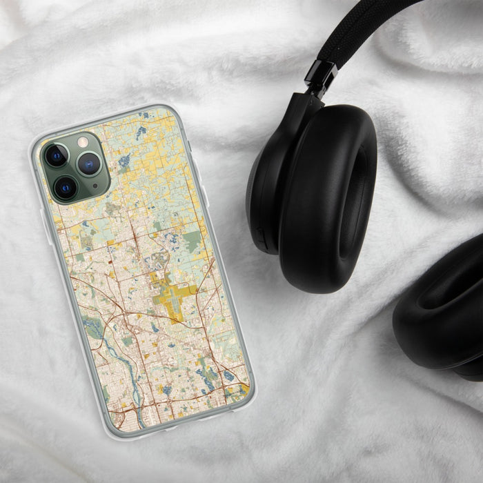 Custom Blaine Minnesota Map Phone Case in Woodblock on Table with Black Headphones