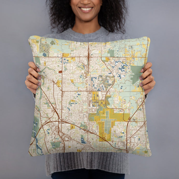 Person holding 18x18 Custom Blaine Minnesota Map Throw Pillow in Woodblock