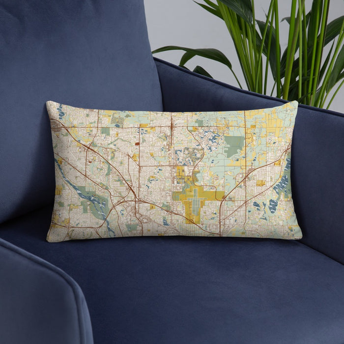 Custom Blaine Minnesota Map Throw Pillow in Woodblock on Blue Colored Chair