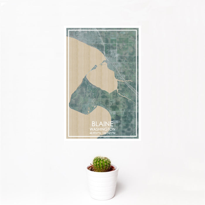 12x18 Blaine Washington Map Print Portrait Orientation in Afternoon Style With Small Cactus Plant in White Planter