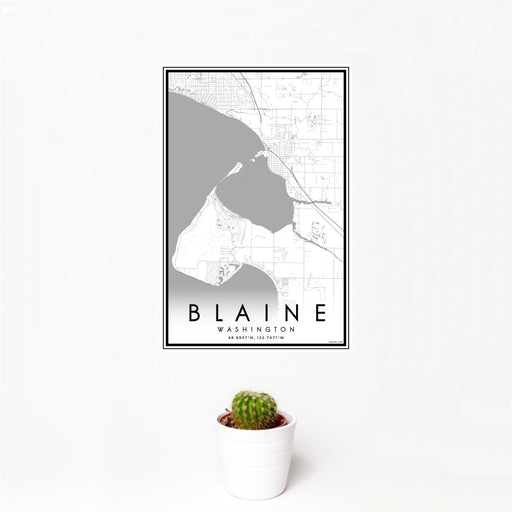 12x18 Blaine Washington Map Print Portrait Orientation in Classic Style With Small Cactus Plant in White Planter