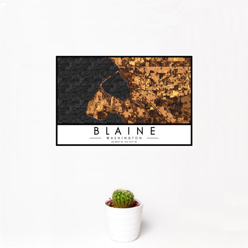 12x18 Blaine Washington Map Print Landscape Orientation in Ember Style With Small Cactus Plant in White Planter